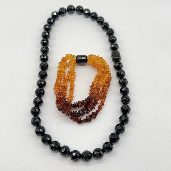 Jay King Bracelet Necklace Set Black Agate Ombre Baltic Amber 4 Strand Faceted - Picture 3 of 12